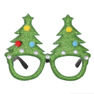Christmas tree glasses frames in green glitter with colorful pom poms and rhinestones