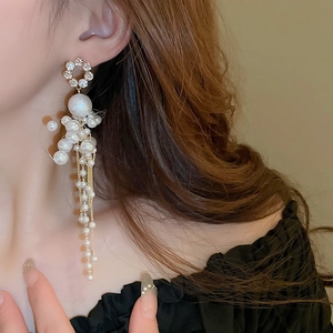Gros plan de boucles d'oreilles longues à pampilles avec perles et cristaux sur modèle