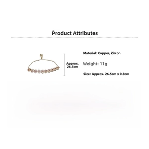 Detailed size and material chart for heart-shaped pink zircon and copper bracelet