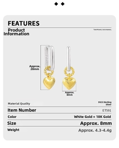 Detailed view of S925 sterling silver rectangular hoop earrings with heart-shaped pendants
