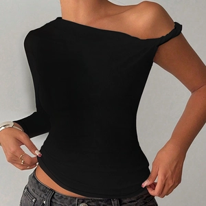 Slim fit black off-shoulder long sleeve top with twist detail and knit texture