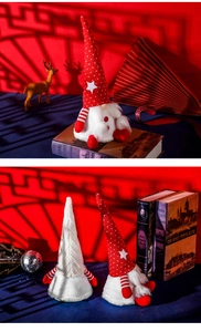 Detail of plush Christmas gnomes with knitted star hats and faux fur beards for holiday decor