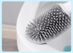 Macro shot of grey TPR silicone toilet brush head with dense flexible bristles