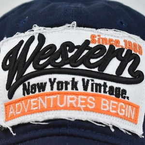 Vintage dunkelblaue Baumwoll-Basecap mit besticktem Western-Patch und Fransen-Details