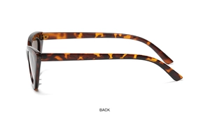 Side view detail of trendy triangle cat eye sunglasses featuring brown tortoise shell frame