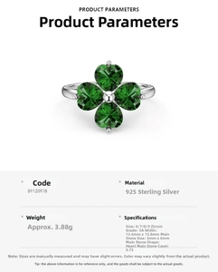 Detail view of S925 silver ring with 5A green heart zircon clover and specifications