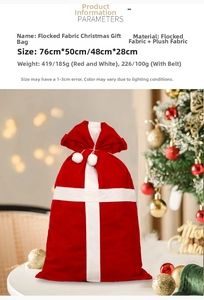 Detail of red flocked Christmas gift bags with plush trim showing size specifications