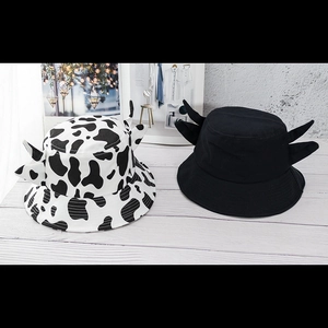 Cute cow pattern and black bucket hats with creative little horns for women and men