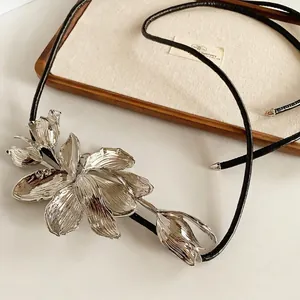 Artistic silver tulip flower pendant with black leather cord necklace for women