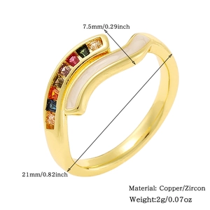 Detail of copper ring featuring colorful zircon stones and white mother of pearl inlay