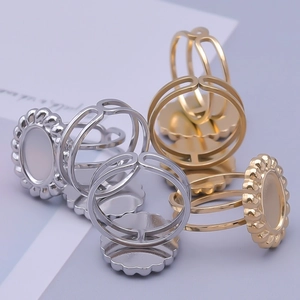 Detail of adjustable gold and silver stainless steel ring bases with scalloped edges
