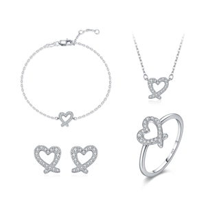 S925 sterling silver heart jewelry set including necklace, bracelet, earrings and ring