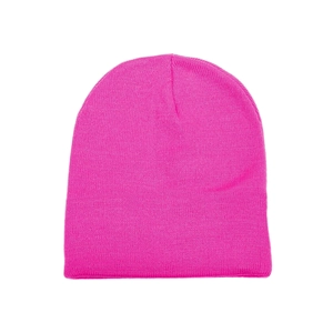 Vibrant bright pink knitted beanie hat with a clean minimalist brimless design