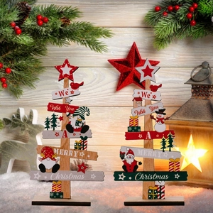 Décorations de table sapin de Noël en bois avec motifs Père Noël et bonhomme de neige