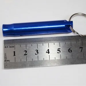Blue aluminum survival whistle with key ring and ruler measurement on white background
