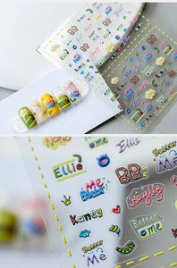 Detailed macro view of 5D embossed nail stickers featuring colorful letters and icons