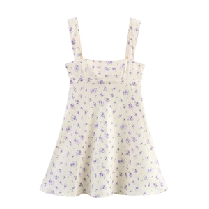 Robe Courte À Bretelles En Satin Imprimé Fleuri Avec Nœud Au Dos Sans Manches Col Carré Élégante Style Pastoral Français Pour Femmes