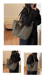 Detail of olive green woven tweed tote bag featuring matching zipper pouch and long handles