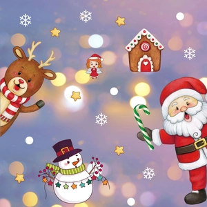 Christmas window decals showing Santa Claus, reindeer, and gingerbread house details