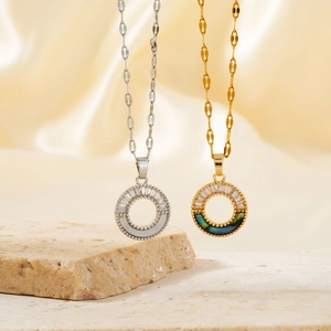 Retro Geometric Circular Pendant Necklace Copper Baguette Zircon Inlaid Mother Of Artificial Pearl Shell Fashion Jewelry For Women