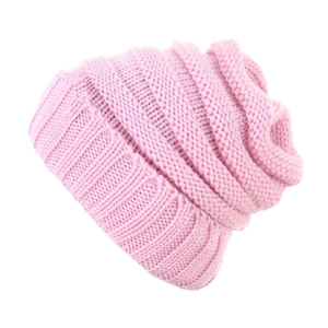 Pink knit beanie made of thick ribbed fabric for warmth and winter ski wear