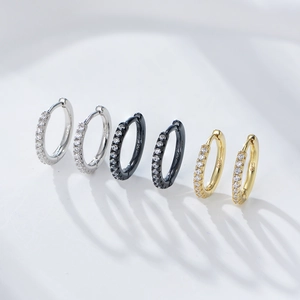 S925 sterling silver hoop earrings with cubic zirconia in silver, gold, and black colors
