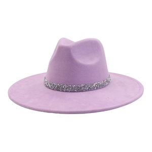 Lavender faux suede fedora featuring a wide brim and sparkling rhinestone hat band