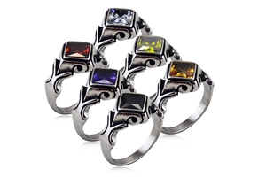 Detailed set of six vintage stainless steel rings with square colorful gemstones and engraving