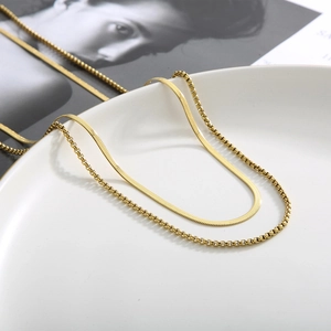 Double-layered gold titanium steel necklace featuring snake chain and box chain design