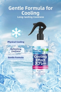 Cooling mist spray 300ml bottle against a backdrop of glaciers and blue ice cubes