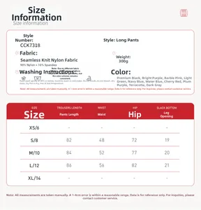 Size chart for seamless high-waisted yoga pants showing length, waist and hip measurements