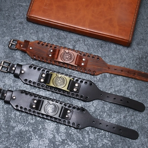Retro leather bracelets with Nordic compass metal charm and braided accents for men