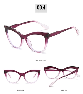 Detail view of purple gradient cat-eye glasses frames showing front and 45-degree angle