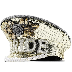 Bride Captain Hat Champagne Gold Sequin Rhinestone Artificial Pearl Military Style Bachelorette Party Wedding Celebration Accessory