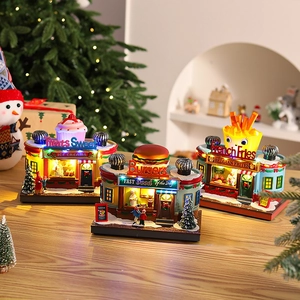 Luminous Christmas music box village set with resin cafe and burger shop miniature models