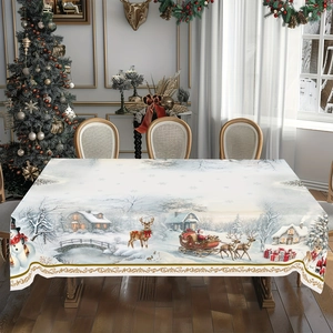 Cozy festive dining scene showing detailed Christmas village pattern on digital print tablecloth