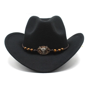 Cappello da cowboy classico in feltro nero con tesa curva e fascia con testa di toro