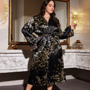 Elegant black satin kimono robe for women with luxurious gold floral plant patterns
