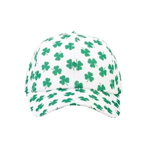 White baseball cap with green lucky shamrock print and curved brim for outdoor wear