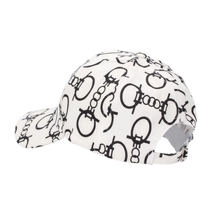 Detailed view of the metal adjustable buckle on the back of the printed baseball cap