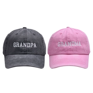 Vintage style Grandpa and Grandma embroidered baseball caps in grey and pink cotton