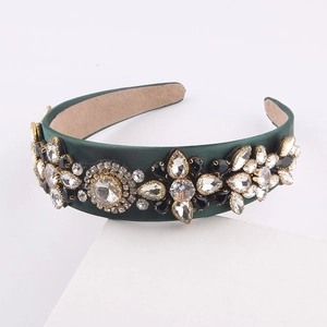 Baroque dark green velvet headband with luxury rhinestones and gold floral jewels
