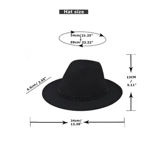 Black fedora wool hat with chain strap detailing size chart for head circumference 54-59cm