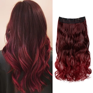 Detail view of burgundy wavy hair extension clips and back view model demonstration