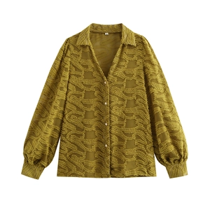 Women Retro V Neck Lantern Sleeve Blouse Textured Jacquard Button Down Shirt Elegant Loose Long Sleeve Top