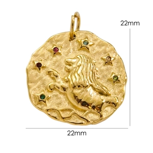22mm Leo zodiac 14K gold stainless steel pendant with hammered texture and colorful gems
