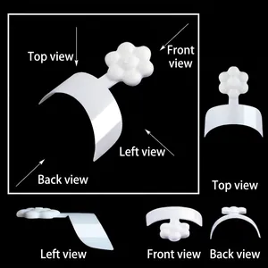 White flower nail display stand with crescent base in multiple perspective views