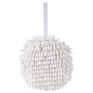 White chenille microfiber hand towel ball with hanging loop for bathroom drying