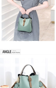 Multi-angle view of sage green bucket bag with jacquard strap and gold hardware