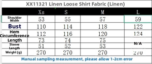 Detailed size chart for linen waist-tie shirt showing dimensions in centimeters